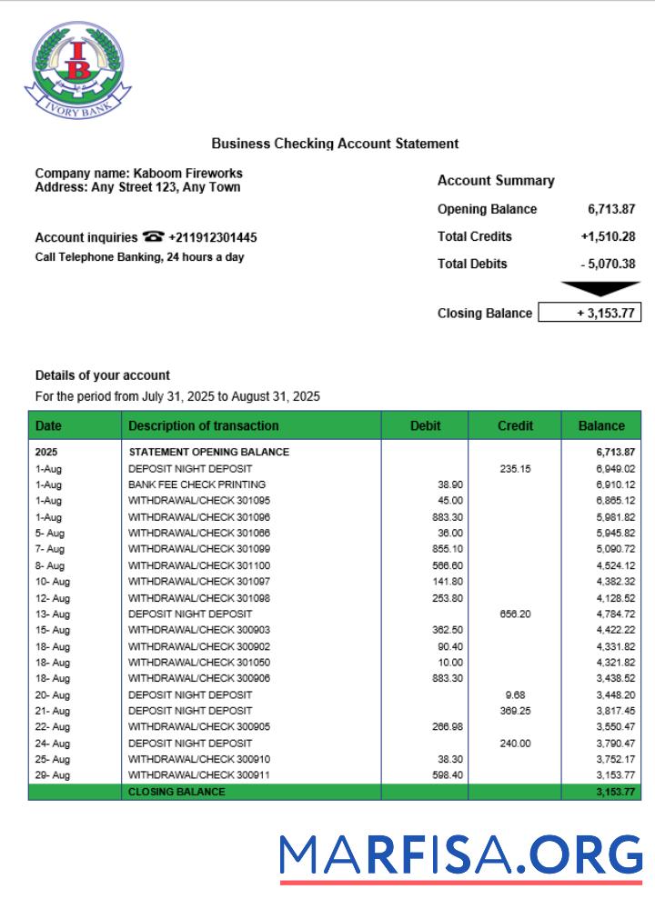 Printable South Sudan Ivory business checking account statement Word and PDF template